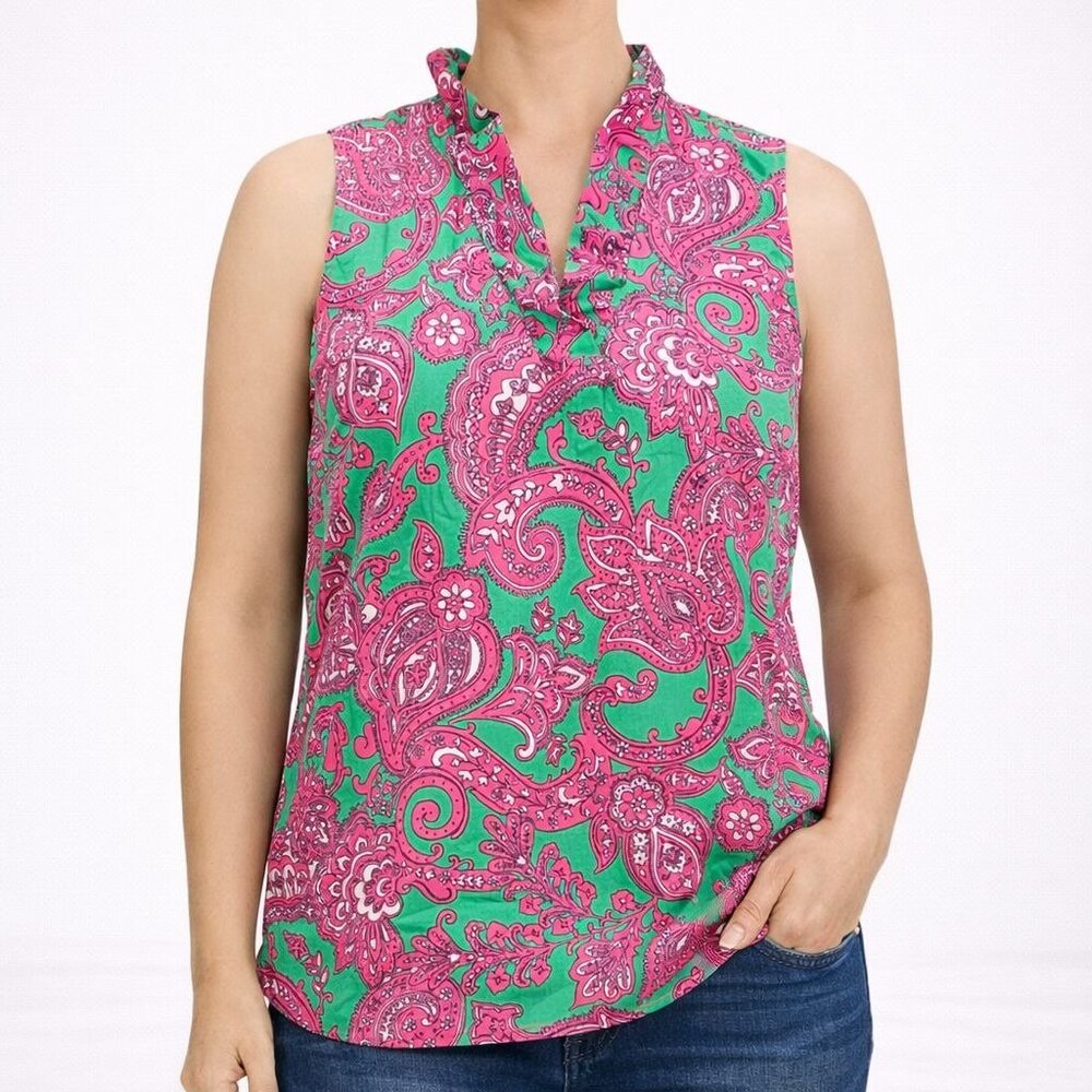 NEW Crown Ivy Curvy Ruffle Neck Top Sleeveless Garden Party Paisley Plus Size 1X